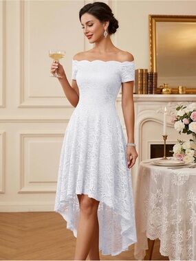 Off-Shoulder White Lace High-Low Dress
